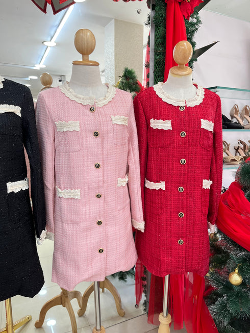 Ladies Elegant Lacey Neck Border Tweed Dresses
